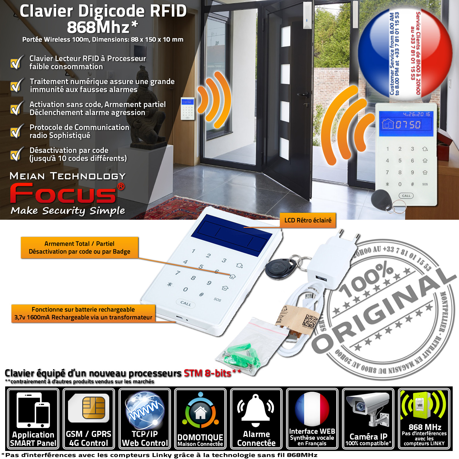 PB-503R Clavier Alarme sans fil Contrôle Armement Désarmement Lecteur de Badge RFID sans fil
