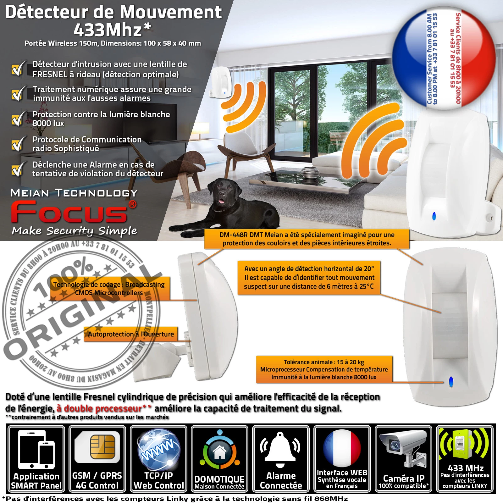 MD-448R DMT 433MHz Détecteur Volumétrique de Couloir Immunité Animaux Passif PIR Infrarouge