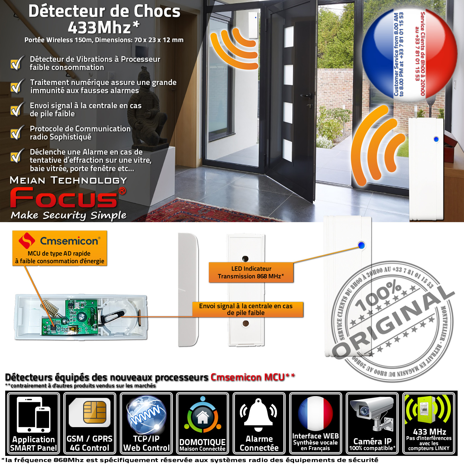 MD-2018R 433 MHz Détecteurs de Vibrations, Chocs, Bris de vitre, Capteur Protection Bris de Glace Connecté Sans-Fil